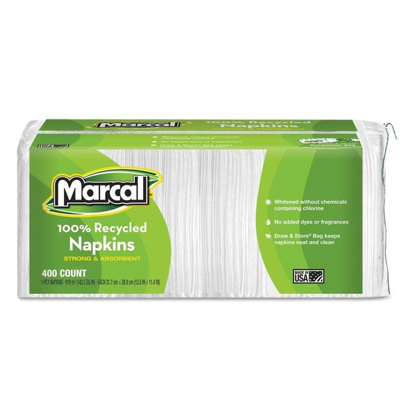 400-PACK OF Napkin Paper Marcal 6506 Folded Lunch Napkins - 100% Recycled, 1-Ply, 11.4 x 12.5 Inches, White - Eco-Friendly