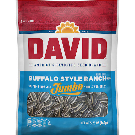 12-PACK OF Roasted & Salted Buffalo Style Ranch Jumbo Sunflower Seeds David Sunflower Seeds, 12 - 5.25 Oz
