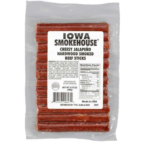 12-PACK OF Beef Sticks Hardwood Smoked Cheesy Jalapeño 8.75 oz, Iowa Smokehouse