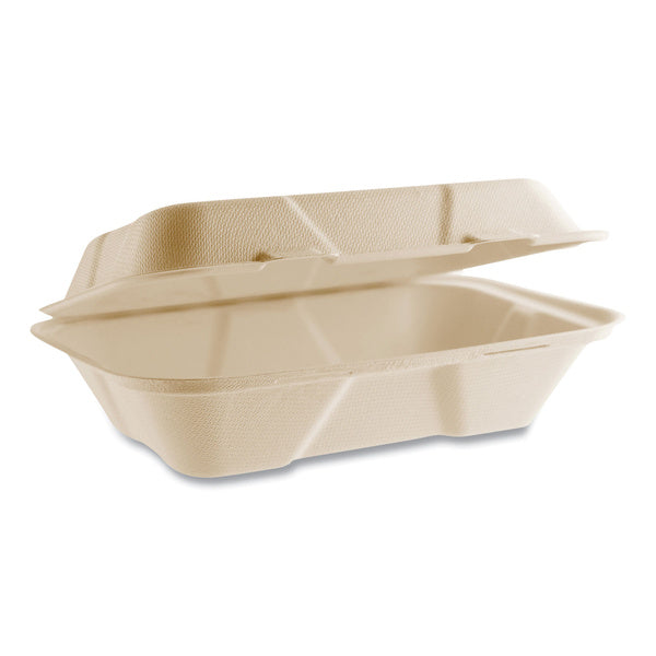 200-PACK OF Vegware VW-HC96NFA 6.1 in. x 9 in. x 2.9 in. Nourish Molded Fiber Compostable Sugarcane Takeout Containers - Natural (200/Carton)