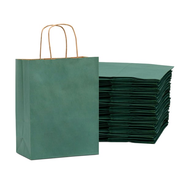 100-PACK OF Bag Paper 8x4x10 Inch 100 Count Green 120 GSM Small Prime Line Packaging Kraft Paper Bags with Handles, Shopping Bags for Small Business, Restaurant, Retail, Delivery, in Bulk