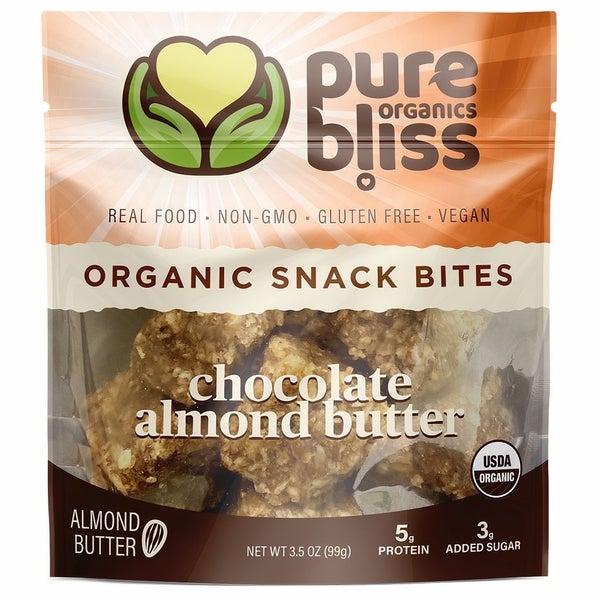 6-PACK OF Organic Snack Bites Chocolate Almond Butter, Pure Bliss Organics