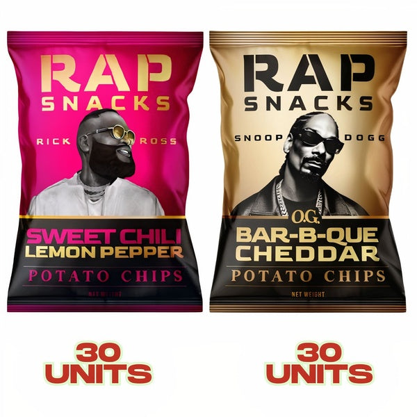 60-PACK OF Snack Potato Chip Variety Box 3 (OG BBQ Cheddar Chips, Sweet Chili Lemon Pepper) Rap Snacks, AI Distribution