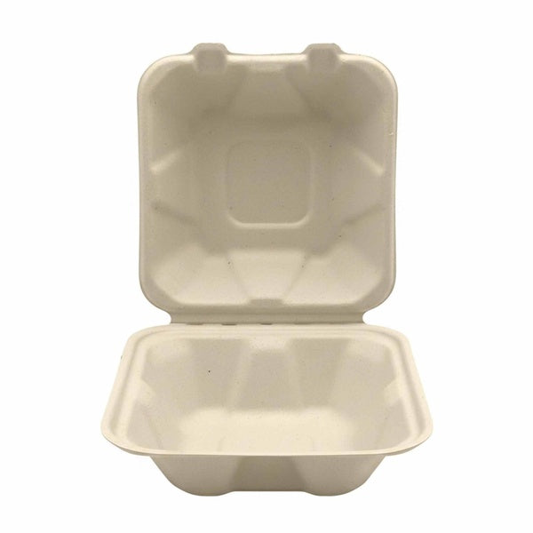20-PACK OF To-Go - Sugarcane Bagasse Compostable 6 Inch Square Clamshell Containers - Case of 20 (500 Pcs)