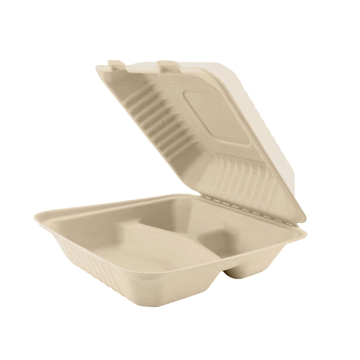 200-PACK OF CONTAINER FOOD COMPOSTABLE MOLDED FIBER 3-C HINGED 8 X 8 INCH DISPOSABLE