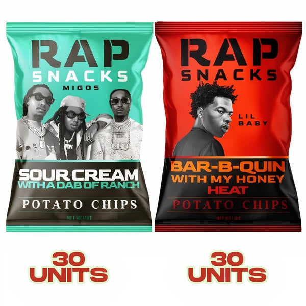 60-PACK OF Snack Potato Chip Variety Box 4 (Sour Cream + Ranch, BBQ Honey Heat) Rap Snacks, AI Distribution