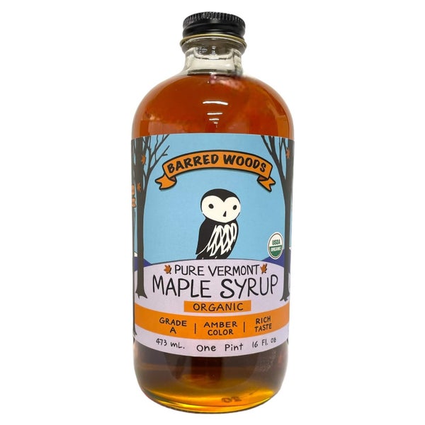 12-PACK OF Syrup Maple Grade A Amber Organic, Glass Bottle, 1 Pint, Barred Woods Maple