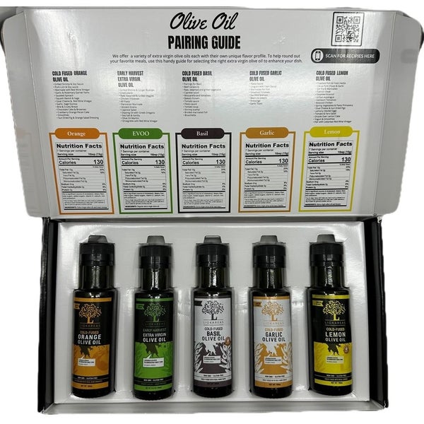 6-PACK OF Organic Oil Olive Extra Virgin Sampler - 5 Bottles (Lemon, Orange, Garlic, Early Harvest, Basil), Liokareas