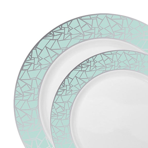 120-PACK OF Plate Set White Turquoise Silver Rim