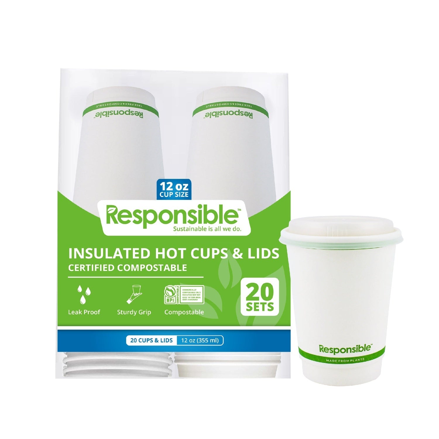 200-PACK OF CUP HOT COMPOSTABLE PAPER SMOOTH INSULATED 12 OZ AND LIDS COMBO KIT 20CT DISPOSABLE