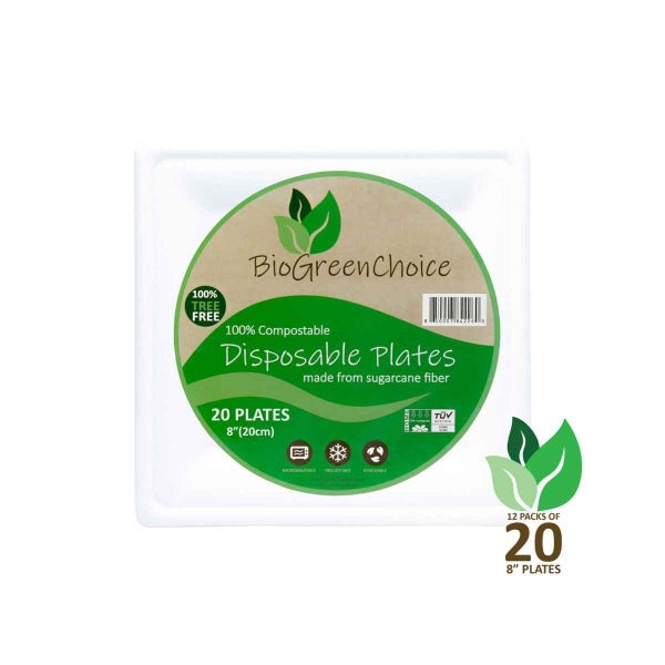 12-PACK OF PLATE PAPER SQUARE BIOGREENCHOICE BAGASSE FIBER MOLDED PLATE 8"
