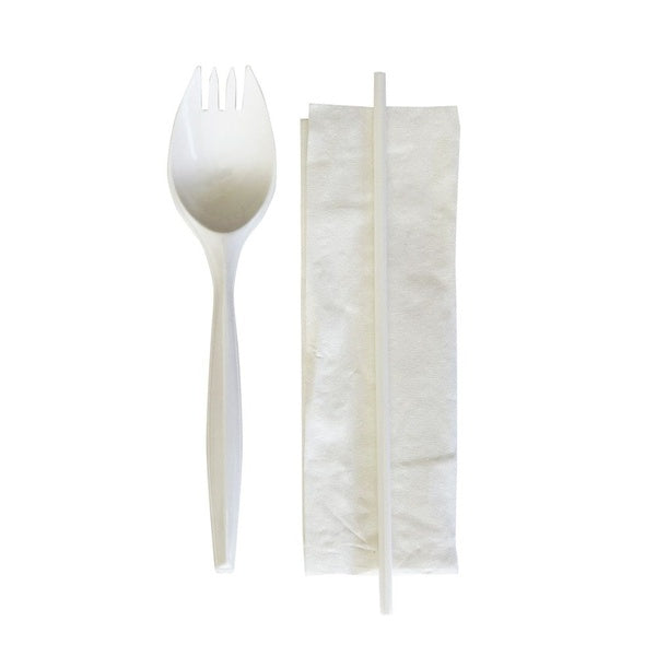 1000-PACK OF Cutlery Kit Boardwalk Mediumweight Plastic School Cutlery Kit - 5.31 inch Napkin, Spork, and Straw Set - White - 1000 Count Carton