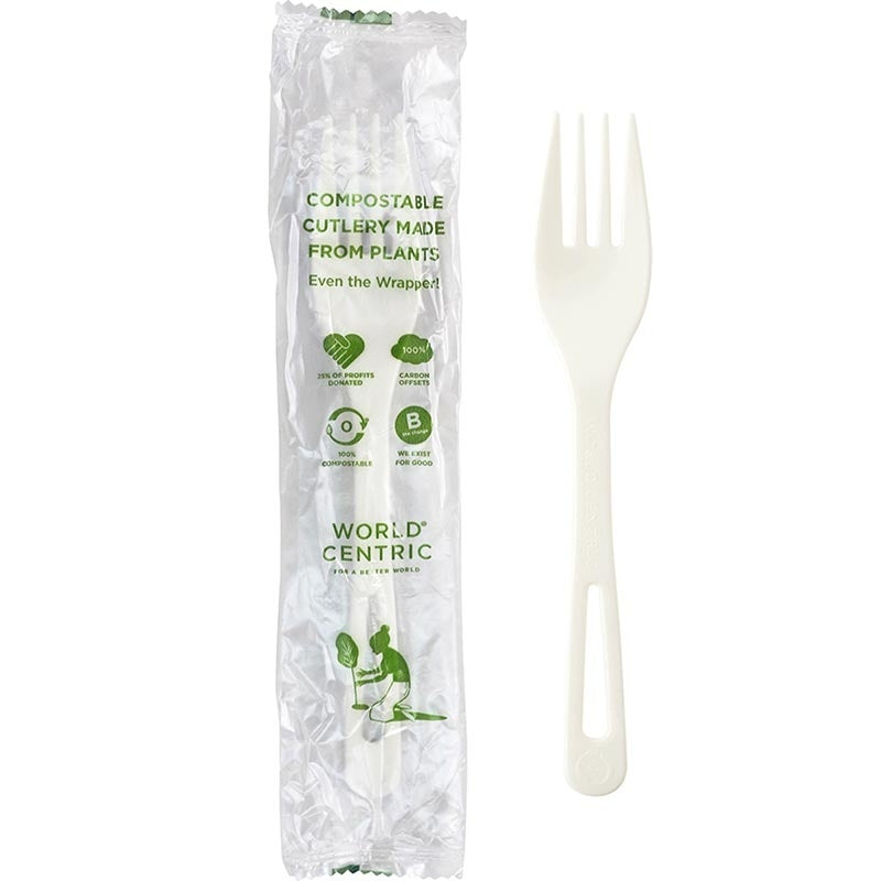 750-PACK OF FORK CMPSTBL World Centric 6" Compostable tPLA Forks Individually Wrapped | 750 count