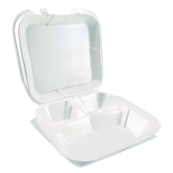 200-PACK OF Plastifar 12083 9 in. x 10 in. x 3 in. 3-Compartment Foam Hinged Lid Containers - White (200/Carton)