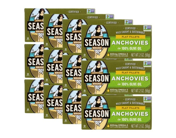 12-PACK OF Entree Seafood Flat Anchovies In Olive Oil Season Brand 2 oz