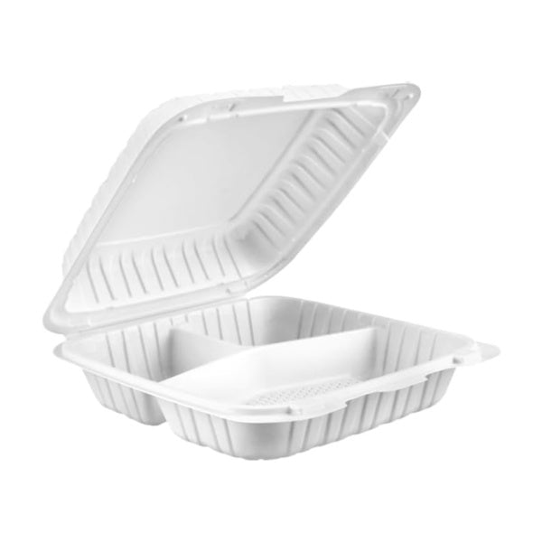 150-PACK OF 9 x 9 x 3 MFPP 3 Compartment Take Out Container - White