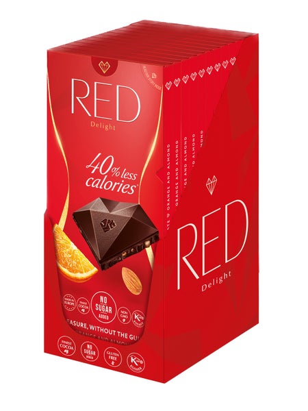 12-PACK OF RED Dark chocolate with orange + almond (no sugar added-40% reduced calories), Chocolette Distribution