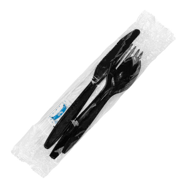 250-PACK OF Kit Cutlery Karat 250 sets PS Plastic Heavy Weight Cutlery Kits with Salt and Pepper, Black