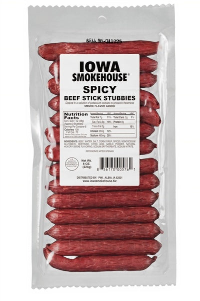 12-PACK OF Beef Stick Stubbies Spicy 8 oz, Iowa Smokehouse