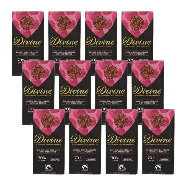 12-PACK OF Chocolate Bar Dark Chocolate With Raspberry Divine 3 oz