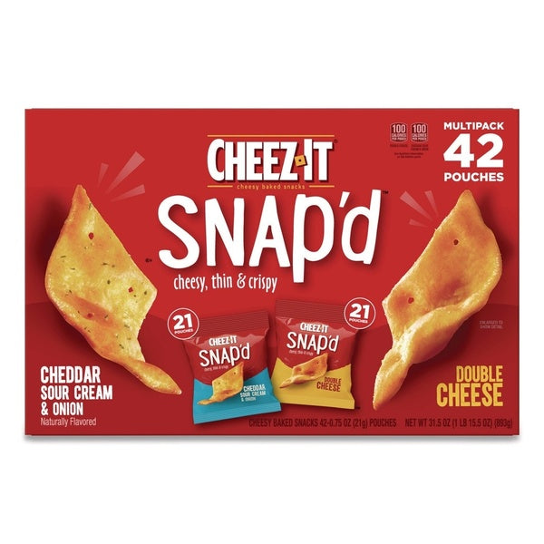 42-PACK OF Cracker Cheezits Cheez-It Snap'd Crackers Variety Pack - 0.75 oz Bags of Cheddar Sour Cream & Onion and Double Cheese - Perfect Snack for Any Occasion