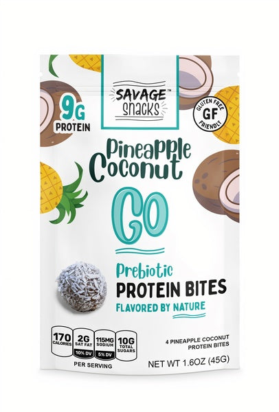 12-PACK OF Snack Protein Bites GO Pineapple Coconut Prebiotic, Savage Snacks