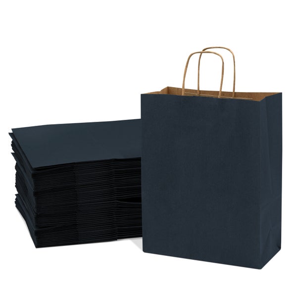 50-PACK OF Bag Paper 10x5x13 Inch 50 Count Navy Blue 120 GSM Medium Prime Line Packaging Kraft Paper Bags with Handles, Shopping Bags for Small Business, Restaurant, Retail, Delivery, in Bulk