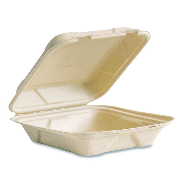 200-PACK OF Vegware VW-HC81NFA 7.9 in. x 7.9 in. x 2.9 in. Nourish Molded Fiber Compostable Sugarcane Takeout Containers - White (200/Carton)