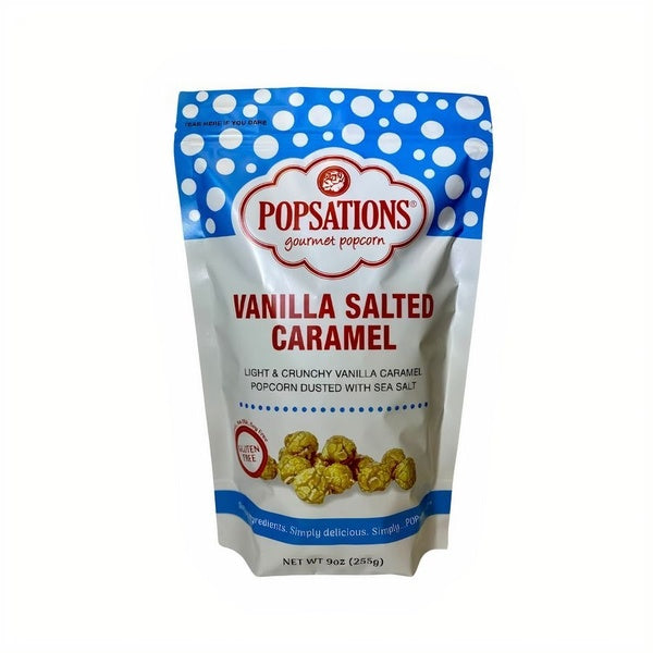 12-PACK OF Popcorn Caramel Vanilla Salted 9oz Resealable Pouch, Popsations Gourmet Popcorn