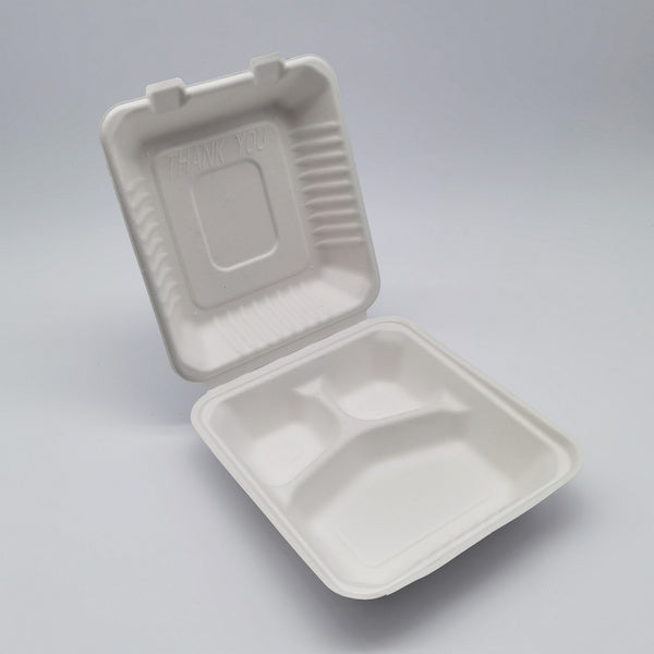 200-PACK OF 3-Compartment Hinged White Take Out Containers - 9" - 200 Count