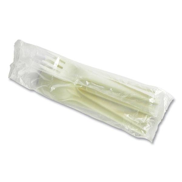 250-PACK OF Cutlery Kit Vegware VW-KFSWN Eco-Friendly Compostable Cutlery Kits - White Fork, Knife, Spoon, and Napkin Set (250 Count)
