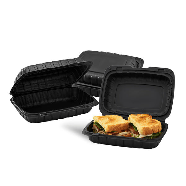 250-PACK OF Container Takeout Karat Earth 9" x 6" Mineral Filled PP Hinged Container, Black - 250 pcs