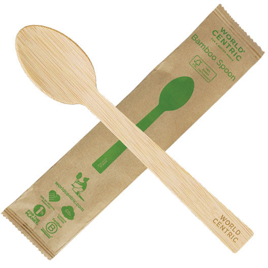 750-PACK OF SPOON BAMBOO World Centric 6.7" Premium Bamboo Spoons Individually Wrapped | 750 count