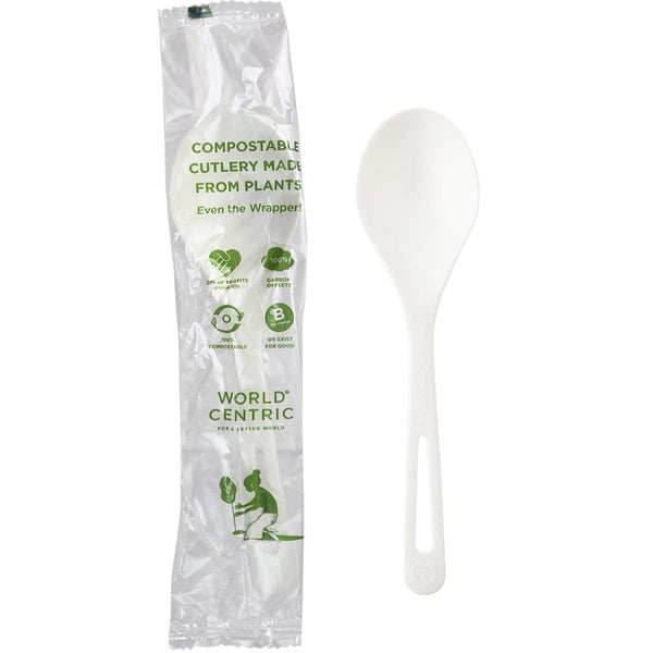 750-PACK OF SPOON CMPSTBL World Centric 6" Compostable tPLA Soup Spoons Individually Wrapped | 750 count