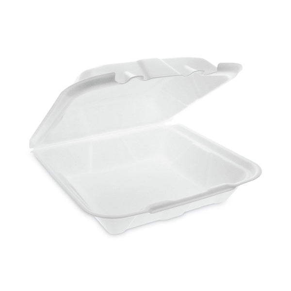 150-PACK OF Container Foam Pactiv Corp. Dual Tab Lock Economy Vented Foam Hinged Lid Container - 9.13 x 9 x 3.25 Inches - White (150 Count) for Food Storage