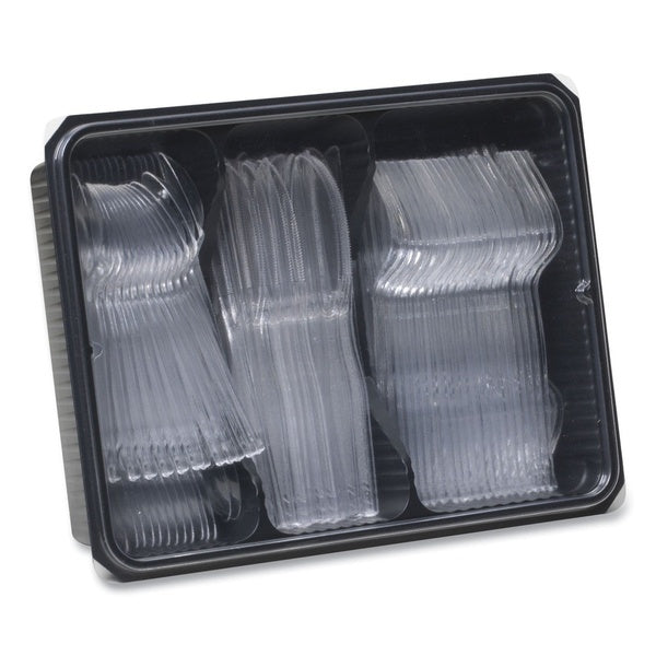 180-PACK OF Dixie CH0180DX7 Cutlery Keeper Tray with Heavy-Duty Plastic Forks, Knives, and Spoons - 180 Count Clear Pack for Easy Serving