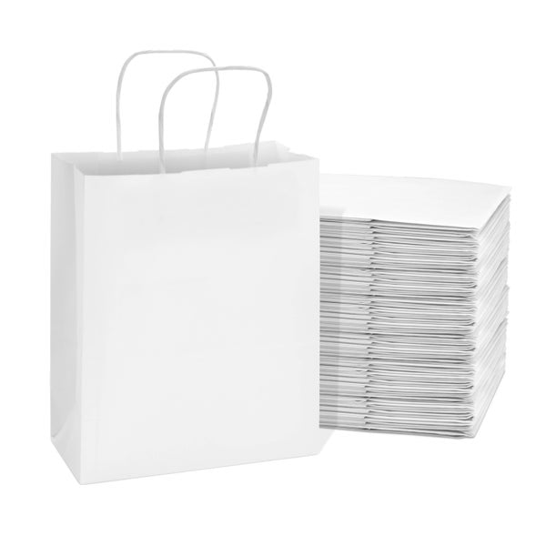 400-PACK OF Bag Paper 8x4x10 Inch 400 Count White 120 GSM Small Prime Line Packaging Kraft Paper Bags with Handles, Shopping Bags for Small Business, Restaurant, Retail, Delivery, in Bulk