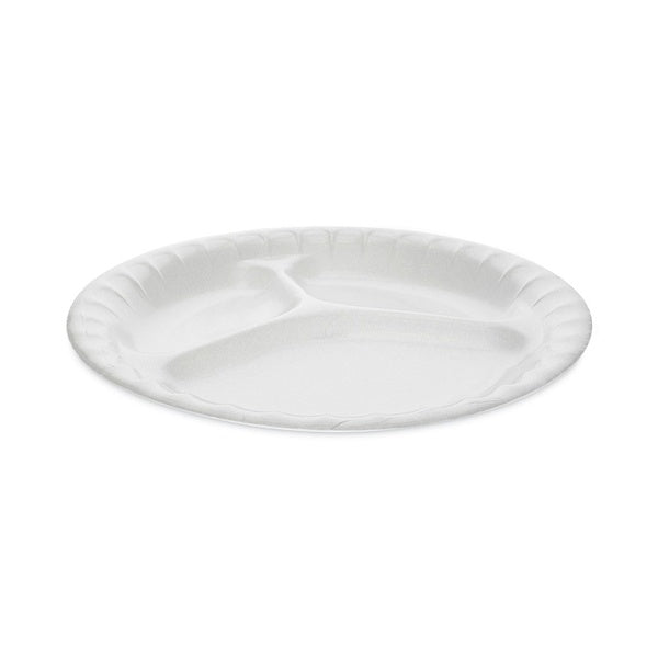 500-PACK OF Pactiv Corp. 8.88-inch Deluxe Laminated Foam Plate - 3-Compartment Design, White - 500 Plates per Carton