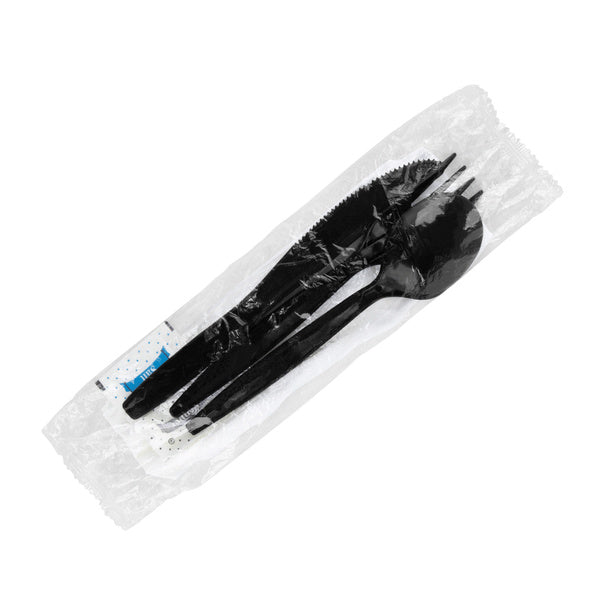 250-PACK OF Kit Cutlery Karat 250 sets PP Plastic Medium-Heavy Weight Cutlery Kits with Salt and Pepper, Black