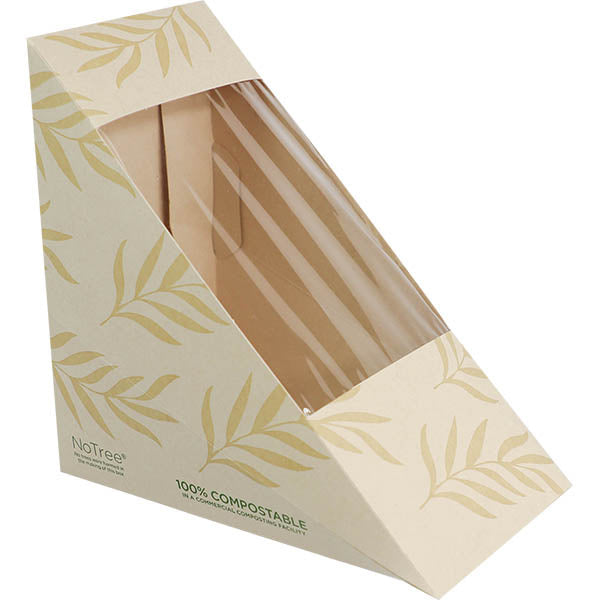 500-PACK OF BOX SANDWICH World Centric Compostable NoTree Medium Sandwich Wedge Box w/ PLA Window | 500 count
