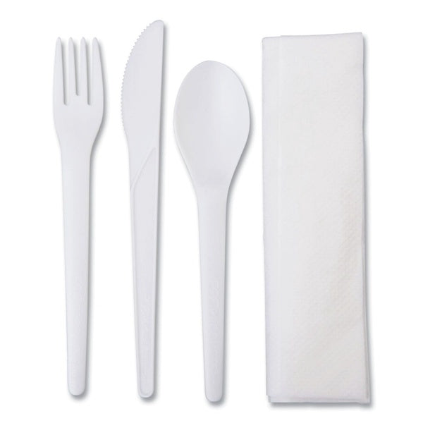 250-PACK OF Eco-Products EP-S015 Plantware Compostable Cutlery Set - Forks, Knives, Spoons & Napkins - Pearl White - 250 Count