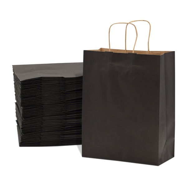 100-PACK OF Bag Paper 10x5x13 Inch 100 Count Black 120 GSM Medium Prime Line Packaging Kraft Paper Bags with Handles, Shopping Bags for Small Business, Restaurant, Retail, Delivery, in Bulk