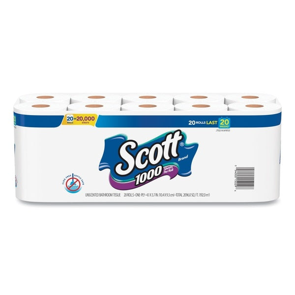 20-PACK OF Scott 1000 1 Ply Septic Safe Bathroom Tissue - 1000 Sheets per Roll, 20 Pack - White Toilet Paper for Home and Office Use