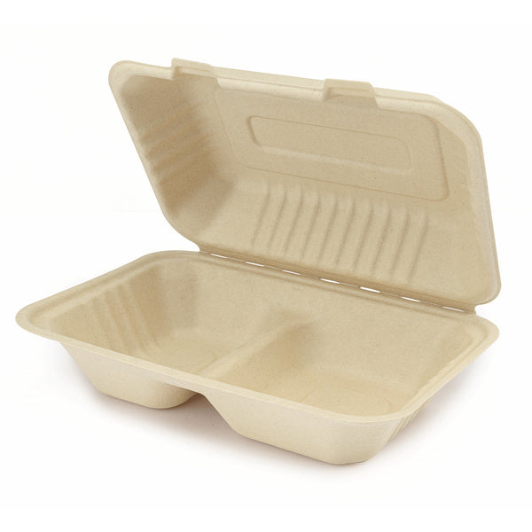 200-PACK OF Container Takeout Karat Earth 2 Compartments, 9''x6'' Molded Fiber Hinged Containers, PFAS Free, Natural - 200 pc