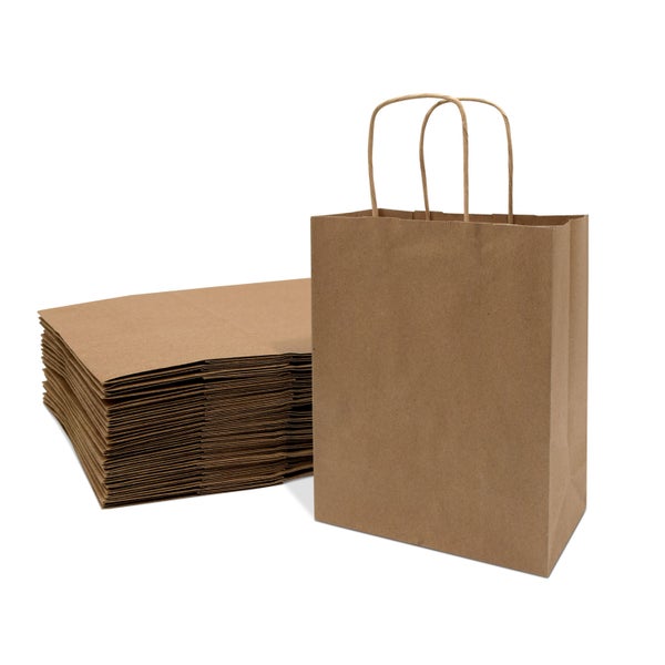 25-PACK OF Bag Paper 8x4x10 Inch 25 Count Brown 120 GSM Small Prime Line Packaging Kraft Paper Bags with Handles, Shopping Bags for Small Business, Restaurant, Retail, Delivery, in Bulk