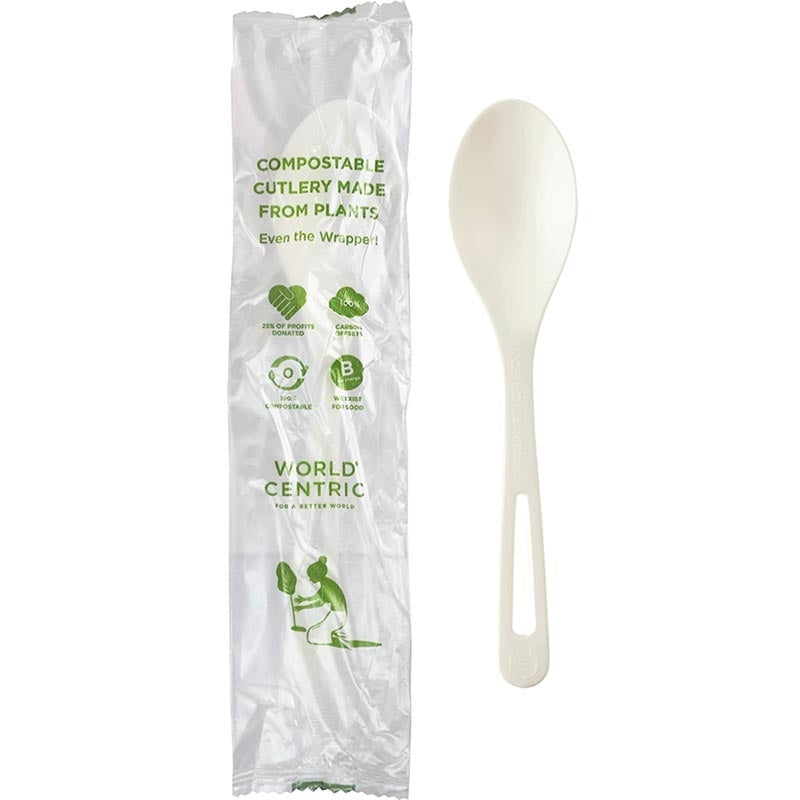 750-PACK OF SPOON CMPSTBL World Centric 6" Compostable tPLA Spoons Individually Wrapped | 750 count