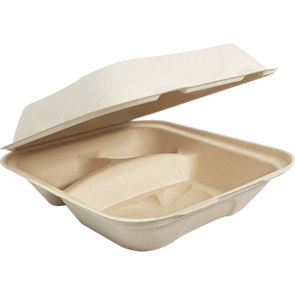 300-PACK OF CONTAINER TAKEOUT World Centric 8x8x3" 3-Compt Compostable Fiber Clamshells | No PFAS | 300 count