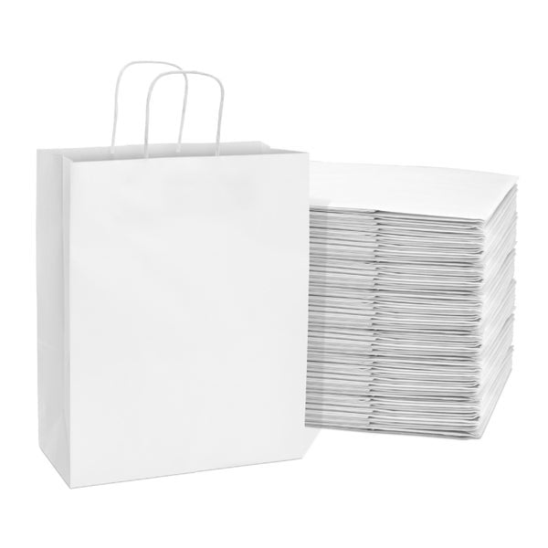 50-PACK OF Bag Paper 10x5x13 Inch 50 Count White 120 GSM Medium Prime Line Packaging Kraft Paper Bags with Handles, Shopping Bags for Small Business, Restaurant, Retail, Delivery, in Bulk