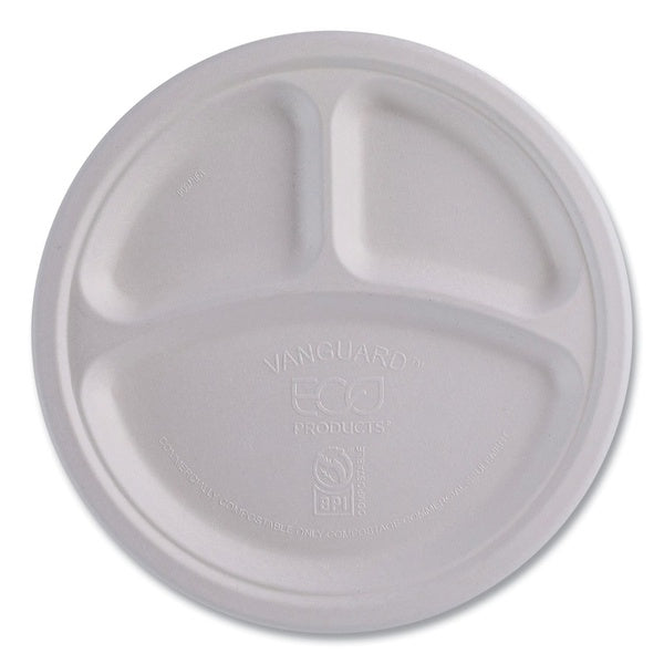 500-PACK OF Plate 3comp Eco-Products Vanguard 10-Inch Compostable Sugarcane Plates - 3-Compartment, Eco-Friendly, Grease-Resistant, 500 Count Carton