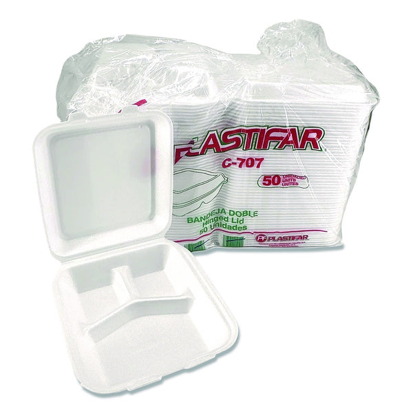 200-PACK OF Plastifar 12109 7.56 in. x 8.25 in. x 2.38 in. 3-Compartment Foam Hinged Lid Containers - White (200/Carton)